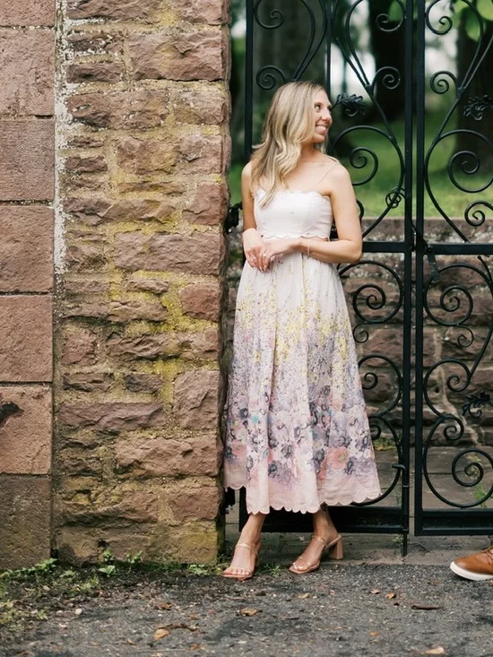 Zimmermann White Floral Scalloped Midi Dress with Pink & Yellow Accents - Picture 5 of 6